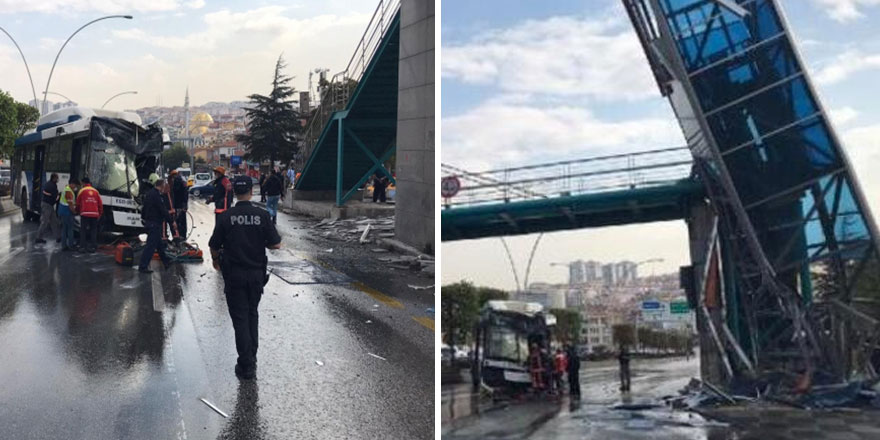 Ankara'da feci kaza! Belediye otobüsü üst geçit asansörüne çarptı