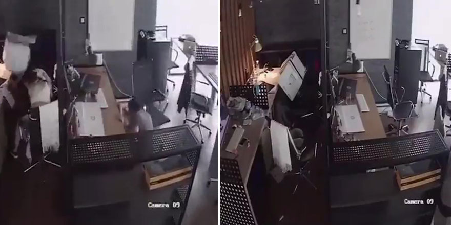 İzmir'deki deprem bir ofisin kameralarına böyle yansıdı