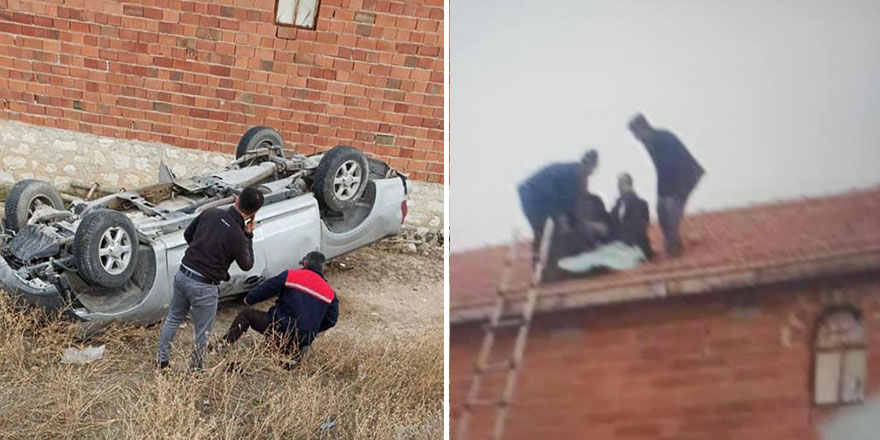 Konya'da kamyonetten fırlayan adam çatıya uçtu!