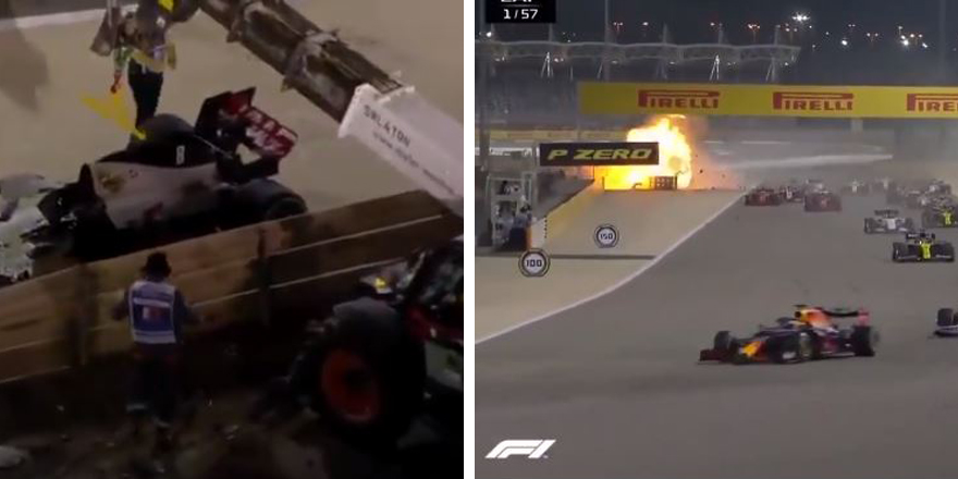 F1'de Bahreyn GP'de Romain Grosjean'ın aracı ikiye bölündü