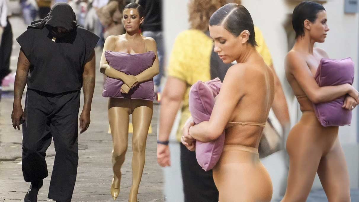 Kanye West'in sevgilisi Bianca Censori göğüslerini yastıkla kapattı