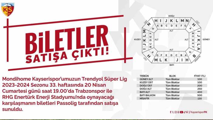 Kayserispor-Trabzonspor maçı için biletler satışta