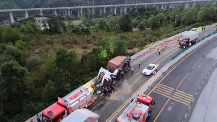 Düzce'de TIR otomobilin üzerine devrildi